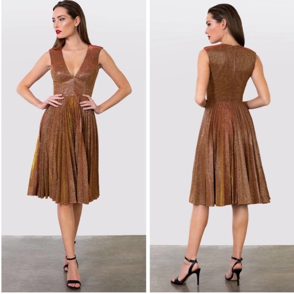 NWOT Helsi Corina Metallic Pleated Skirt Dress Glitter Glowing Gold Fit Flare S - Picture 1 of 11